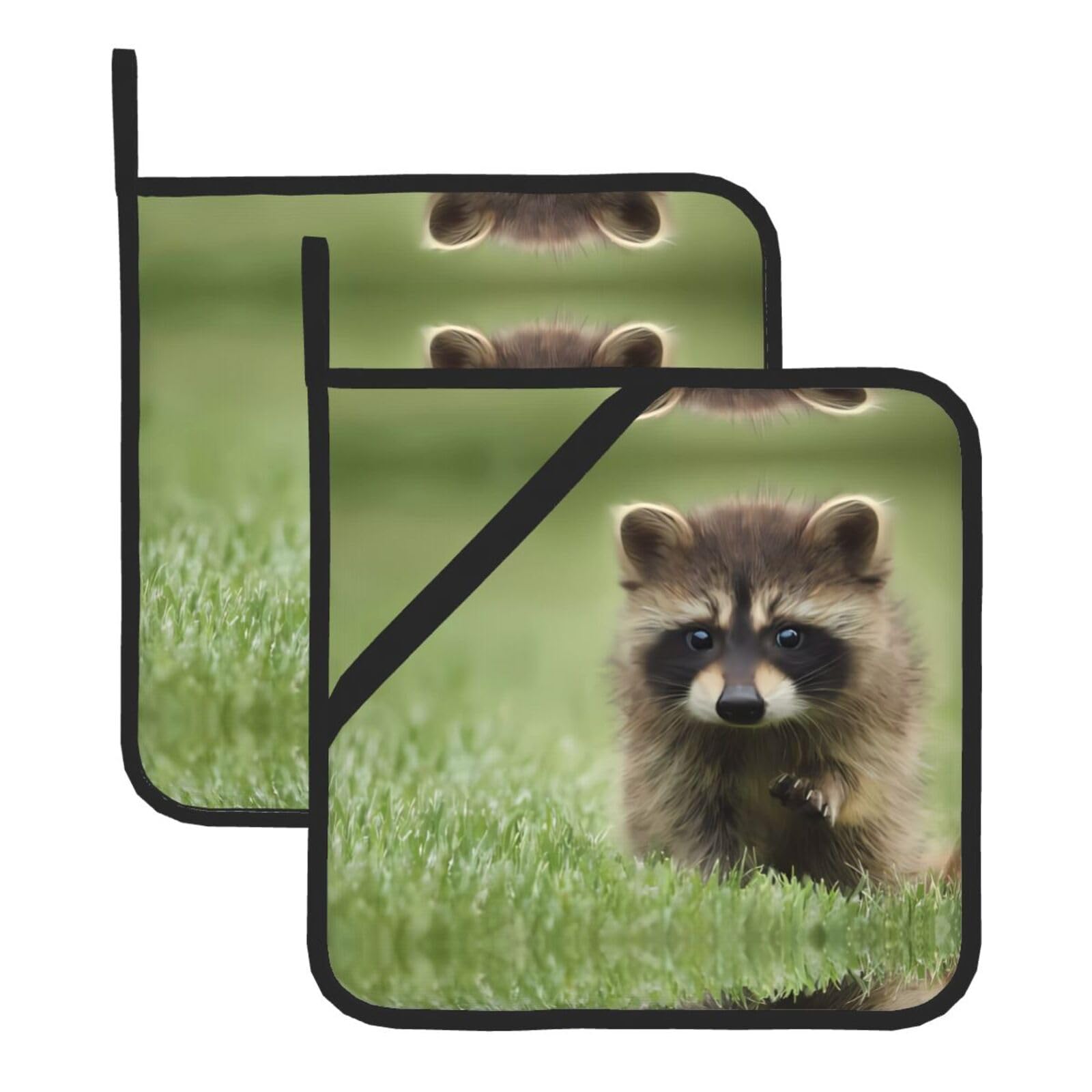 WHJDPP Raccoon Prints Square Hot Pads for Kitchen Counter - Waterproof Pot Holders Set of 2, Heat Resistant Trivets with Pocket & Hanging Loop for Serving, Oven & BBQ