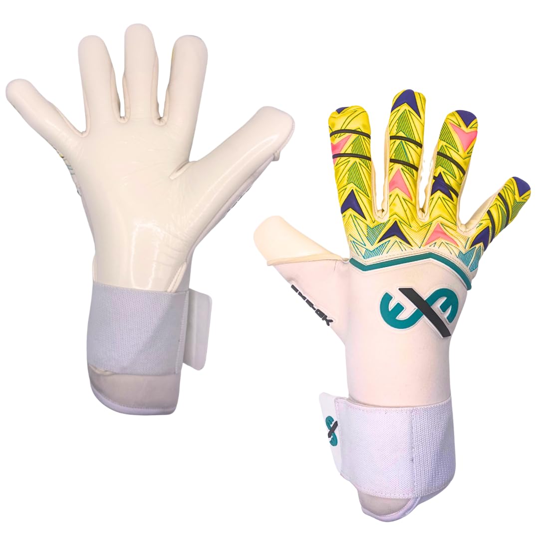 ExE-GK Pro Goalkeeper Gloves Slim Hybrid Cut Internal Grip Dots Wrist Strap Colourful features Neoprene and Latex backhand Sizes 7-11 Adult Junior Kids Youth 4mm Professional Contact Latex (7)