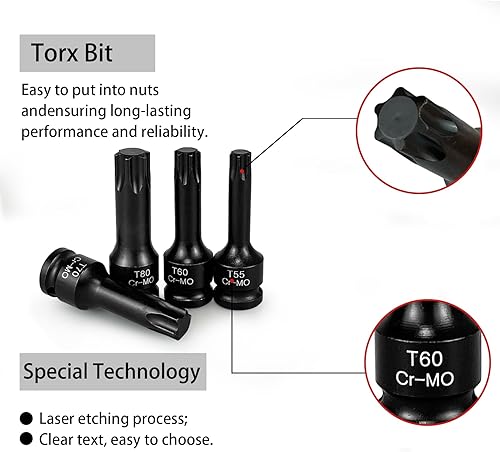 Miniatura 5 de Juego de llaves de vaso Torx de impacto de 12", acero Cr-Mo, T30 T40 T45 T50 T55 T60 T70 T80, Kit de llaves Allen de accionamiento de impacto
