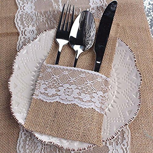 Tmand 50 pcs Natural Jute Cutlery Knives and Forks Cutlery Set Silverware Bag Holder Burlap & Lace Party Wedding Decor, 21x11cm - Image 4
