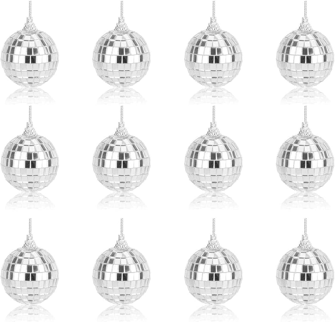 12Pcs Silver Disco Mirror Ball for Party Decoration, Christmas Tree Wedding Birthday Party Ornaments (1.18 inch)