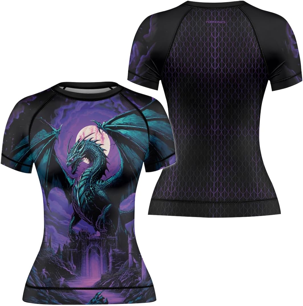 FORMONIES Women's Dragon BJJ MMA Rash Guard Short Sleeve Compression Shirt No Gi Jiu Jitsu Tops for Women