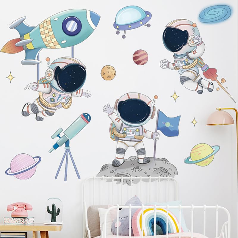 Image of Space Peel and Stick Wall Stickers - Planets, Astronaut, Rocket, Spacecraft, Alien, Solar System, Galaxy Universe Stars Decal for Kids, Boys, Girls, Toddler Nursery Bedroom - 90 x 1 Cm