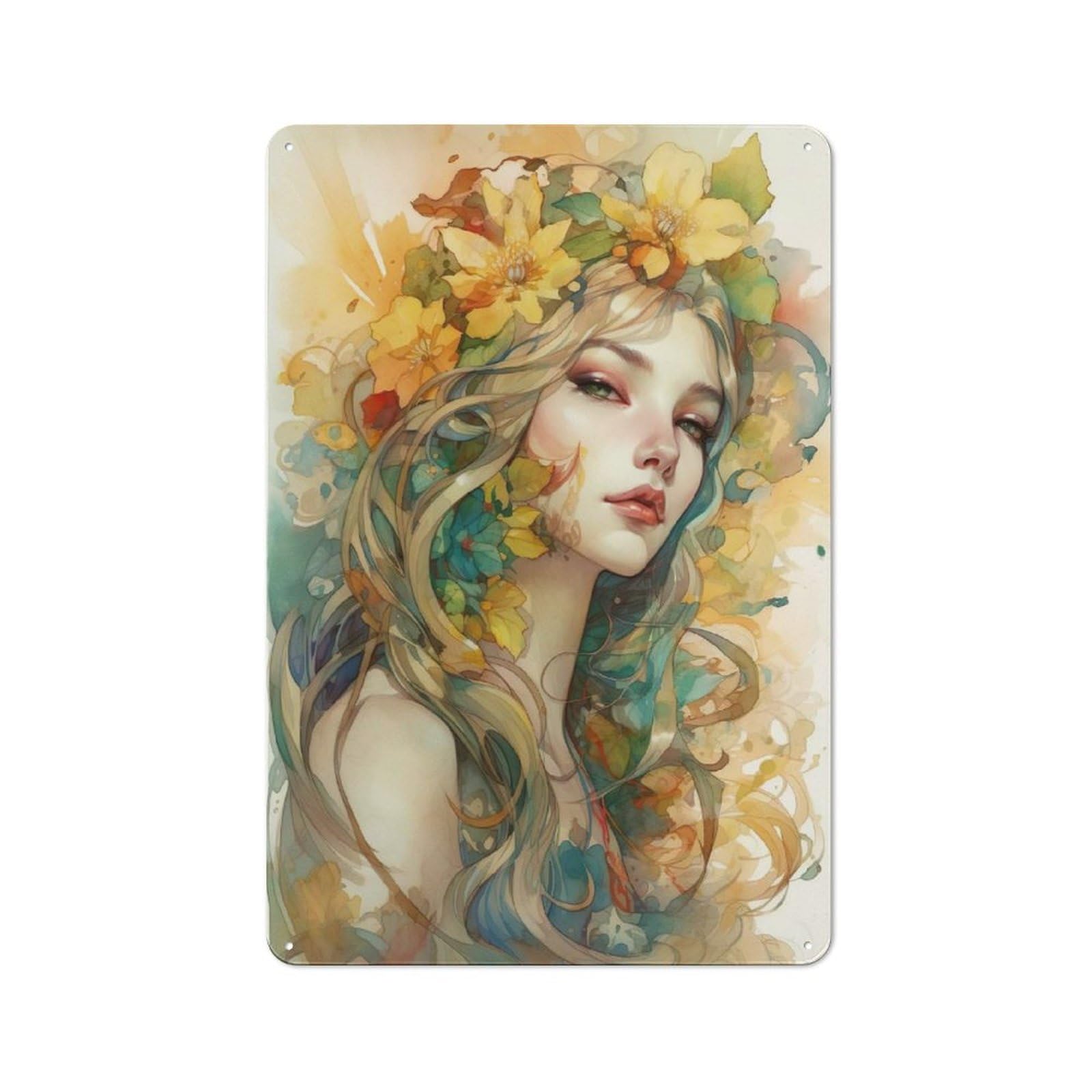 Junmoney Watercolor Floral Portrait Rustic Metal Wall Decor 30X20cm, Country Metal Sign For Kitchen, Cottage, Porch Or Garden Room