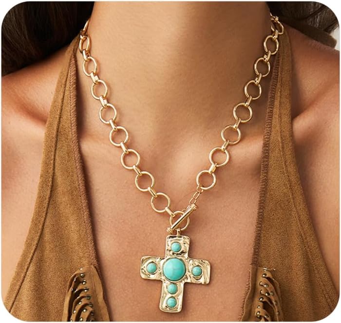 FUTIMELY Gold Chunky Turquoise Cross Necklace,Boho Statement Cross Pendant Thick Necklace for Women,Vintage Trendy Western Country Jewelry Accessories