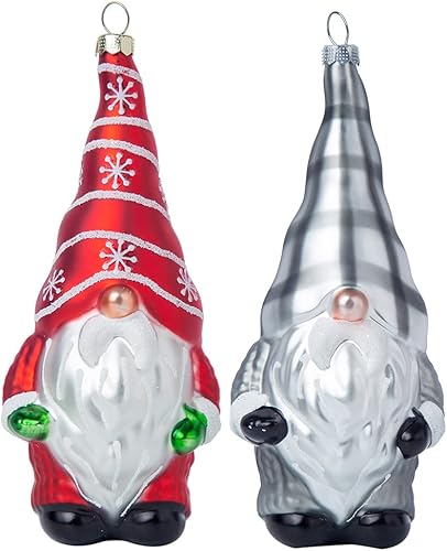 Juego de 2 adornos de Navidad colgantes de gnomo de cristal, adornos de gnomo de vidrio soplado a mano para decoración de árbol de Navidad