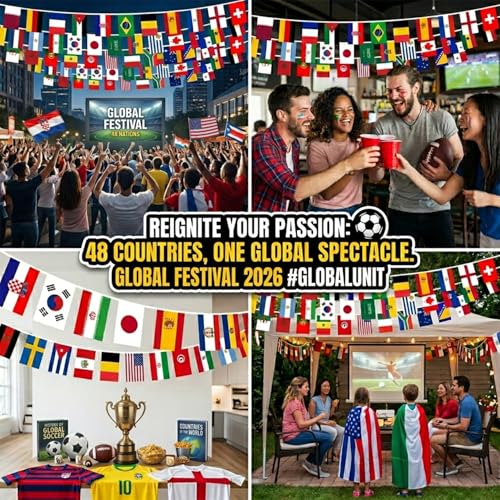 Image of 2026 World Cup Flag Banner, 48 Countries International Bunting, Soccer Tournament National String Pennant for Sports Bar, Club, Home Garden, Party Decorations, Banderas del Mundial (5.5 inch x 8.3 inch-45 ft)