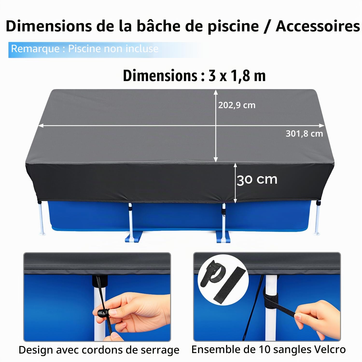 Bâche de piscine rectangulaire - 2 x 3 m - 300 x 200 cm - Facile à installer - Anti-poussière - Pour piscine à cadre rectangulaire