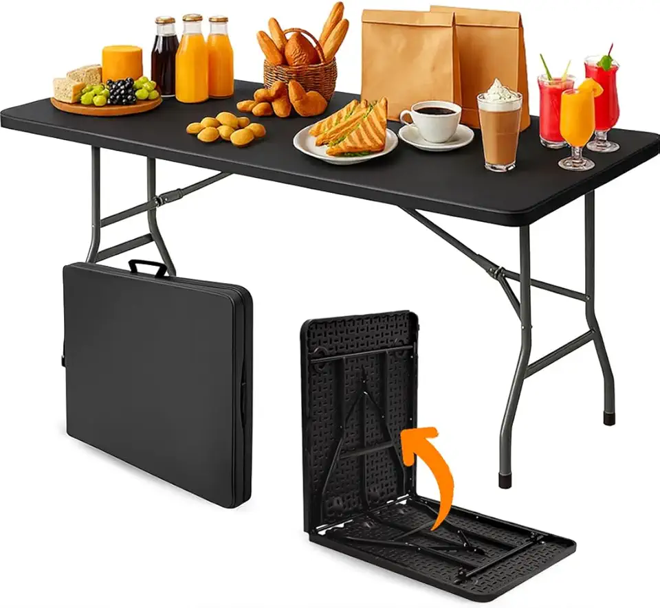 Mesa Dobrável Maleta Yab 180x70cm Preta Portátil com Alça Estrutura Reforçada até 100kg para Festa Eventos Camping Jardim Área Interna e Externa