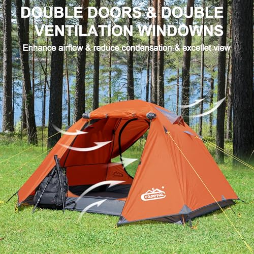 Image of 2-3 Person Backpacking Tent with Double Door 2 Vestibule, Waterproof Windproof Lightweight Easy Set Up 3 Season 2 Man Two Person Tent for Camping, Hiking, Motorcycle, Mountaineering with UPF 50+