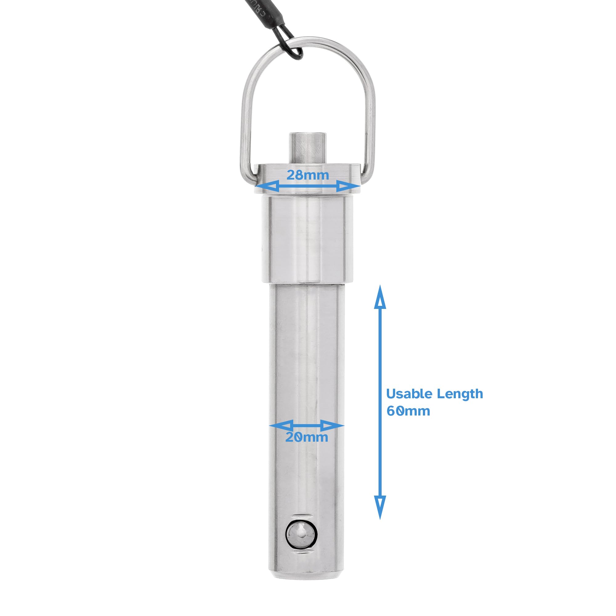 HALLMERS 20mm Pin Diameter 60mm Usable Length Quick Release Ball Head Pin Lock with 260mm Retaining Wire Cable - Stainless Steel - Self Locking Fasten Security Bolt Accessory Push Pull Fastening Tool