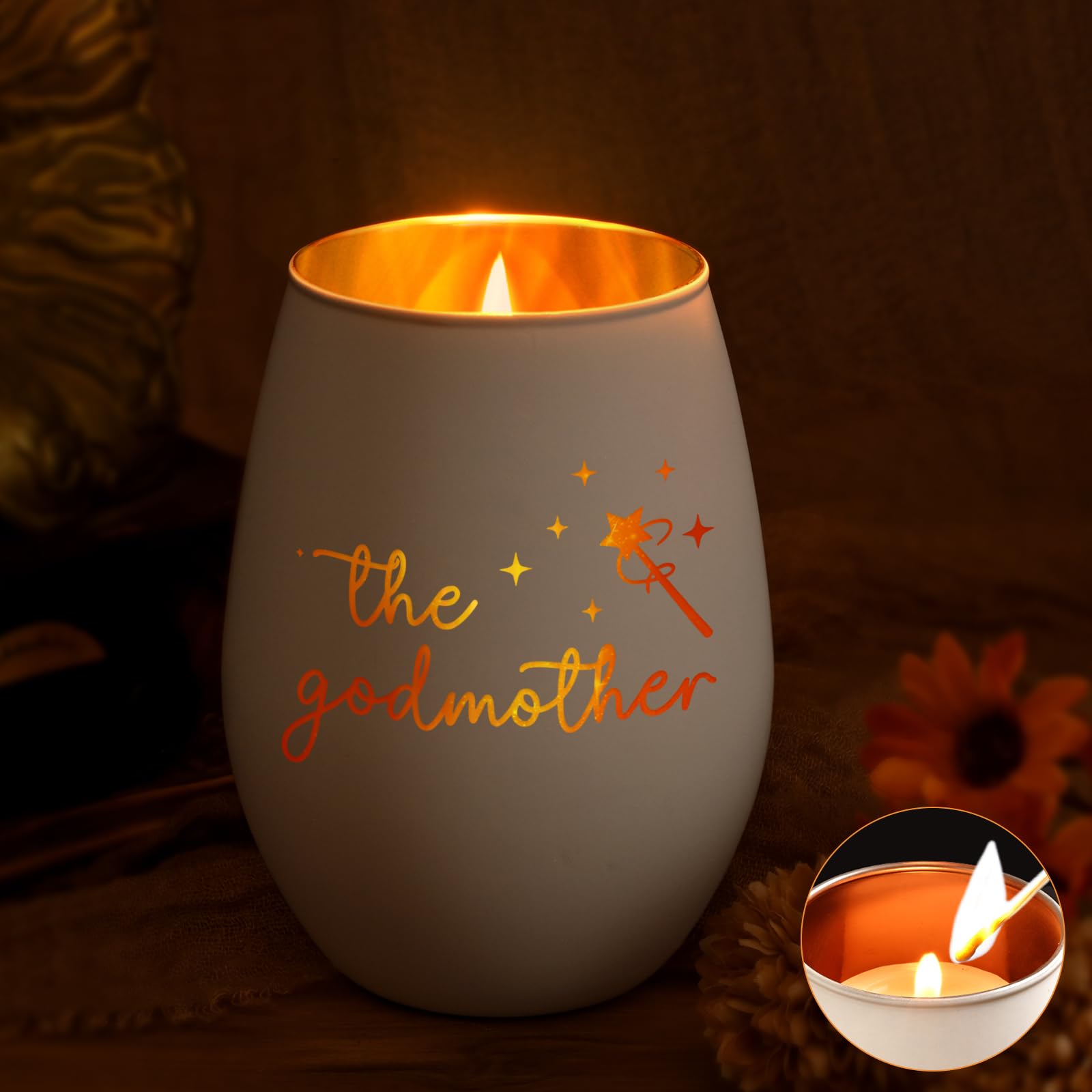 Joymaking Glass Tea Light Candle Holders for Godmother, Godmother Gifts Birthday Christmas, Will you be my Godmother Gifts, White