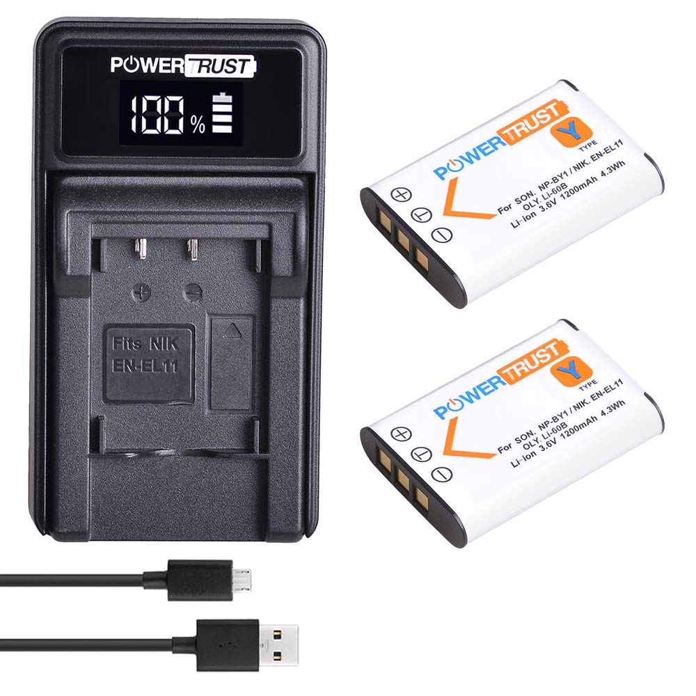 PowerTrust 2Pack NP-BY1 EN-EL11 Battery + LED USB Charger for Pentax D-Li78 Olympus Li-60B Batteries, Compatible with Sony HDR-AZ1VR AZ1 AZ1V AZ1VR