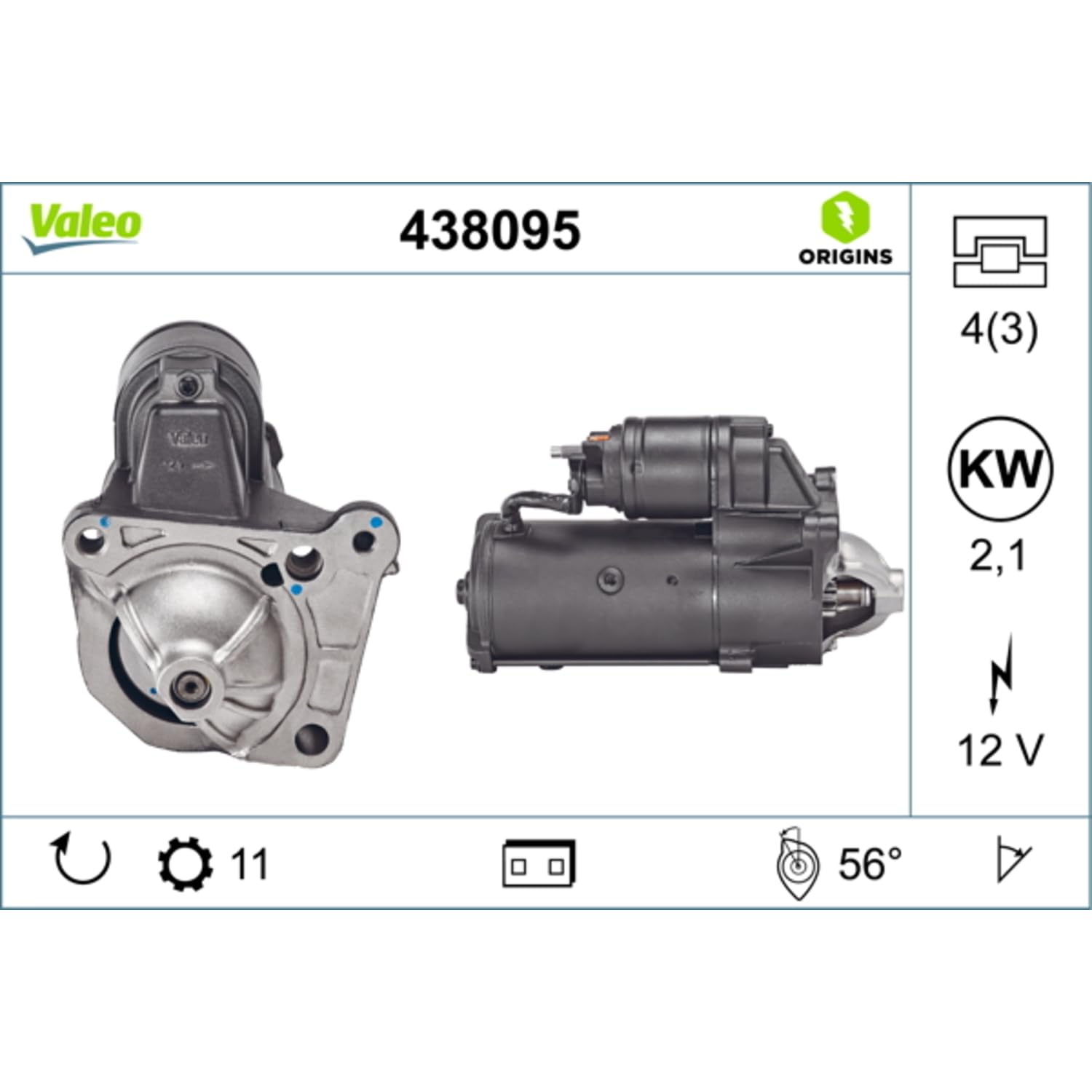Valeo Motor de Arranque 438095-2,1 kW - 11 Dientes - 12 V