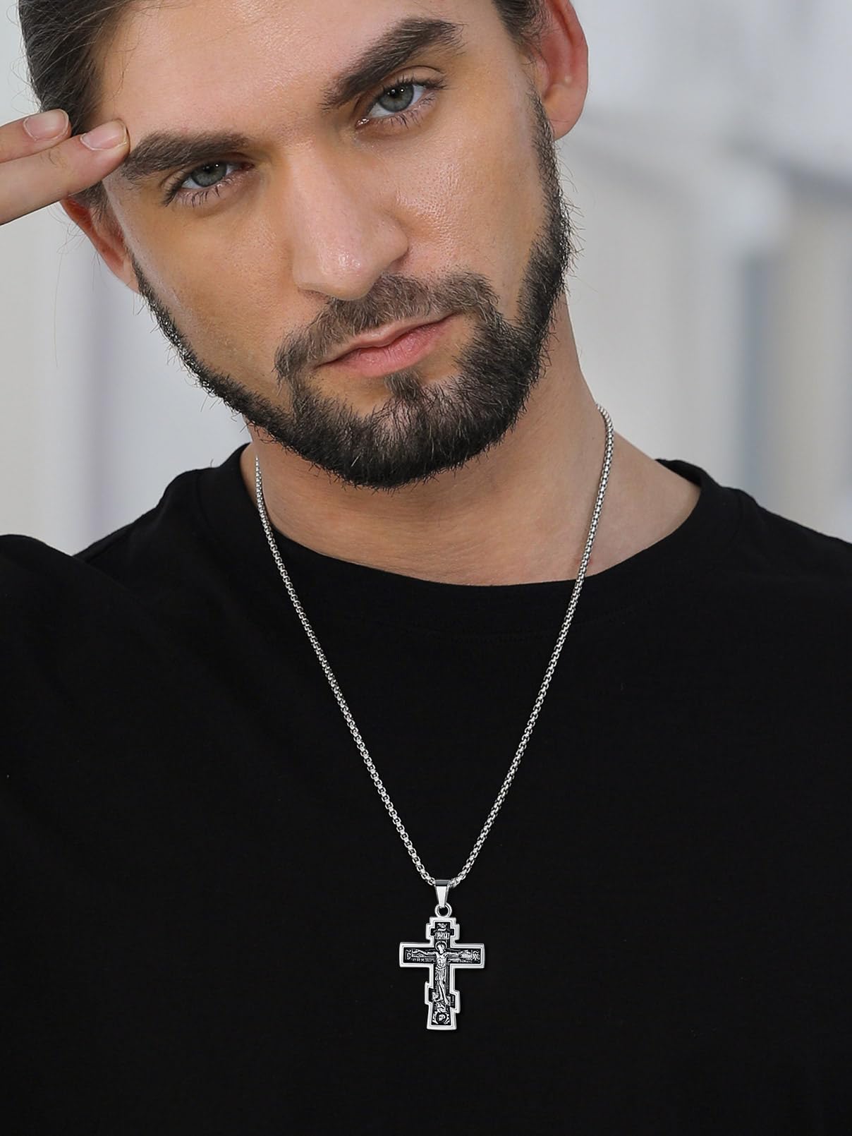 FaithHeart Orthodox Kreuz Kette mit Inri Jesus für Herren Damen, Punk Halskette mit Kreuz des Orthodoxen，Kette mit Anhänger für Orthodoxe Christen