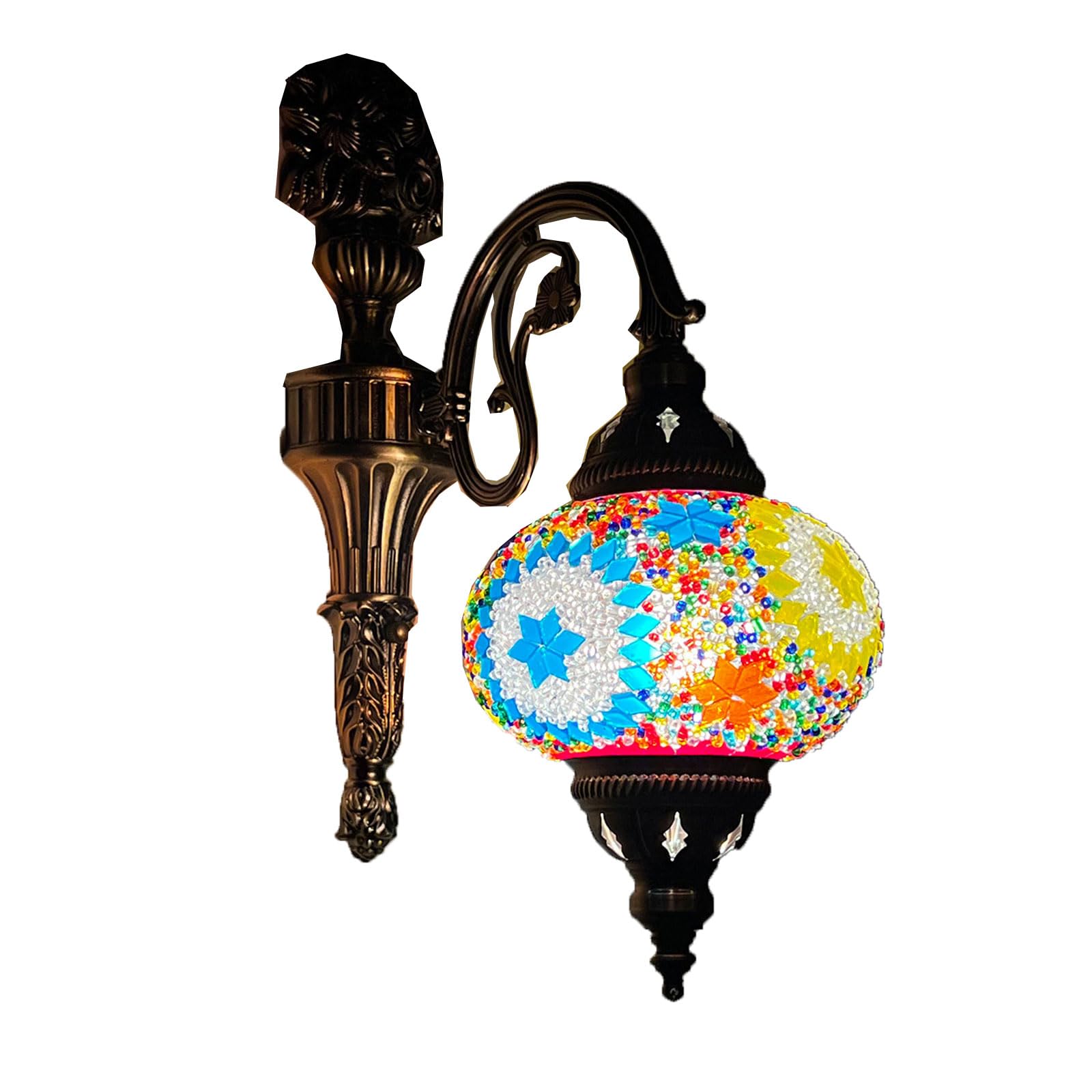GAUUA Glass Mosaic Wall Lamp for Bedroom Resturant Cafe Shop Vintage Boho Decor Lighting Fixture Handmade Ethnic Style Copper Sconce
