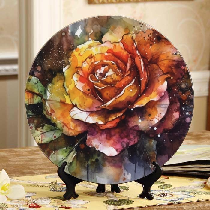 Rose 10-inch Ceramic Plate for Wall Display or Tabletop, with Stand & Hook DP-192950287
