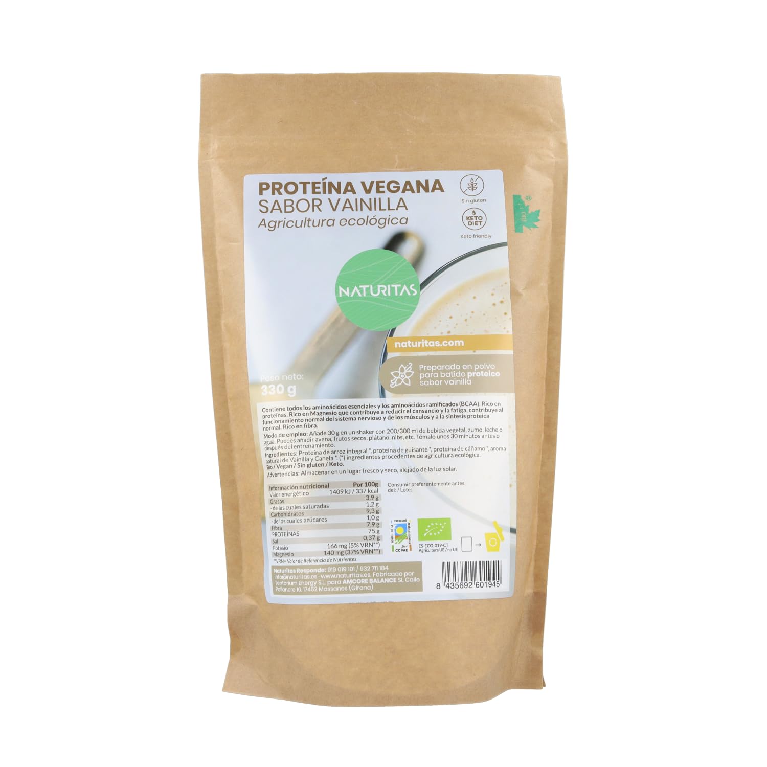 Naturitas Essentials Proteína Vegana de Vainilla Bio 330 g en Polvo Sin Gluten Apta Keto