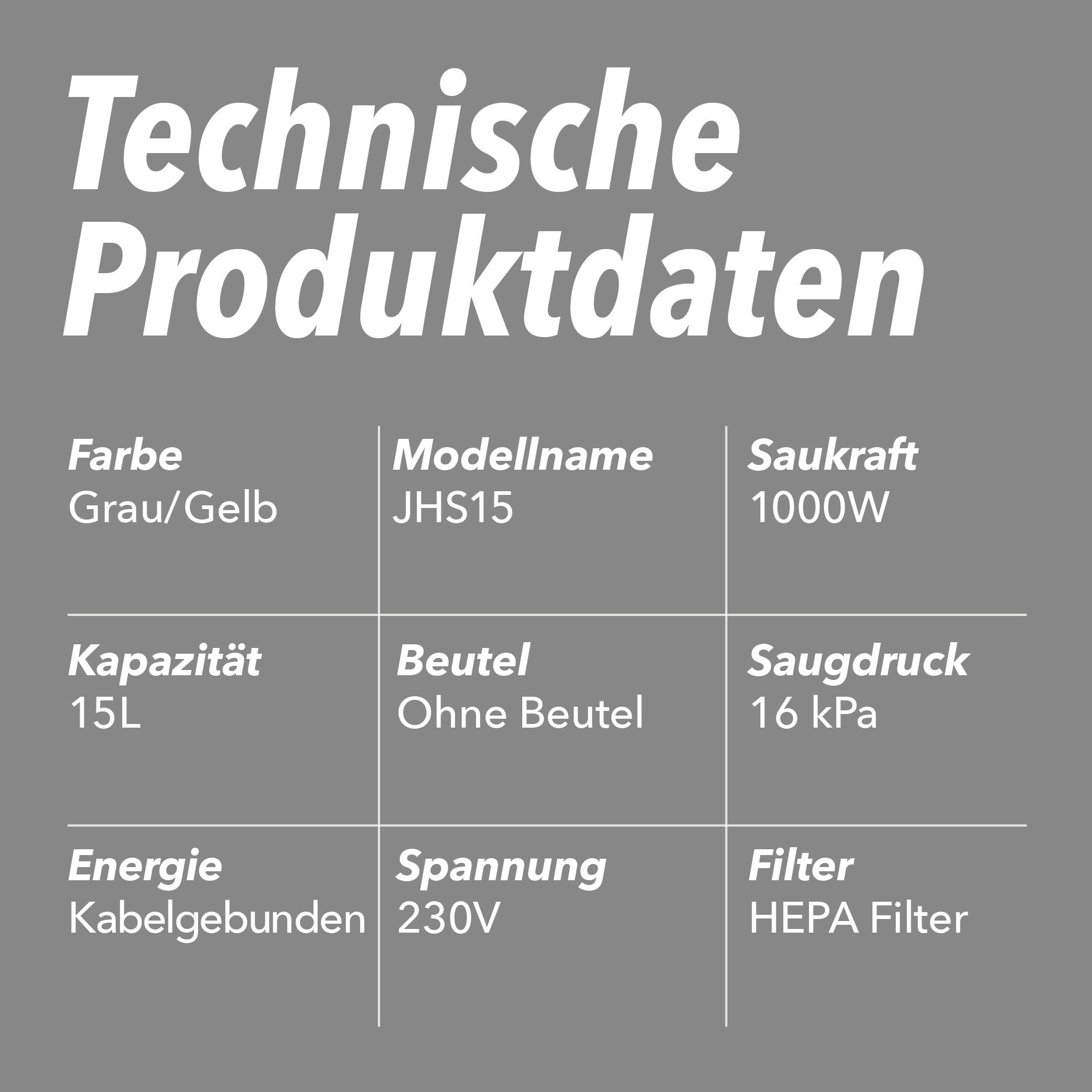 G.I.V. JHS15 Nass- und Trockensauger 15L 1000W 16kPa HEPA Filter beutelloser Staubsauger