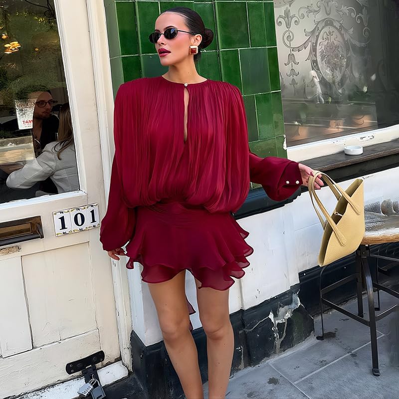 NIFTRIRY Two Piece Skirt Set for Women Long Sleeve Crew Neck Button Ruffle Elegant Dress Tops with Shorts Sexy Party Wear - Image 4