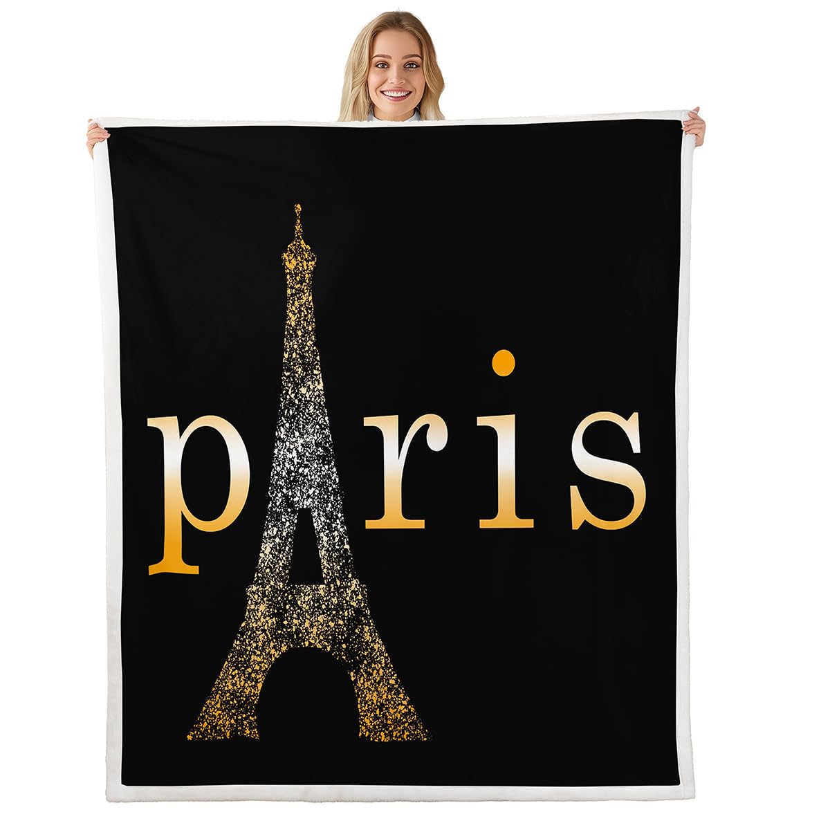 Feelyou Eiffel Tower Fleece Blankets Paris Fuzzy Sherpa Throw Blanket for Girls Adults Soft Cozy Warm Fluffy Plush Blanket 90"X90" Black Golden