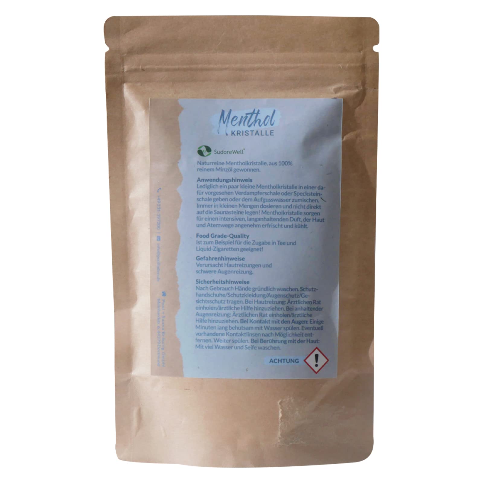 Cristaux menthol de qualité alimentaire 100 % pure huile de menthe dans un sac en papier kraft (plastique gratuit) 3 x 100 g
