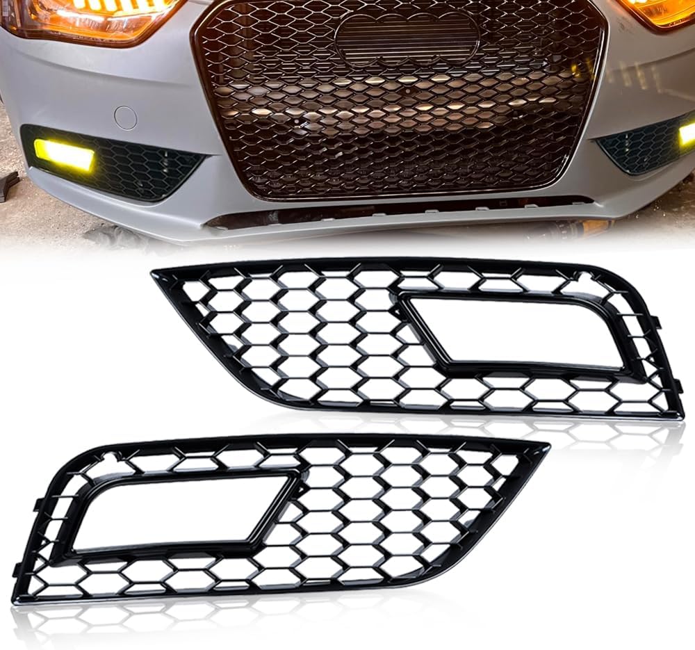 2X Black Left Right Mesh Honeycomb Front Lower Fog Light Lamp Grille Grill Cover Bezel RS4 Style Compatible with Audi A4 B8.5 Facelifft Models 2013 2014 2015 2016
