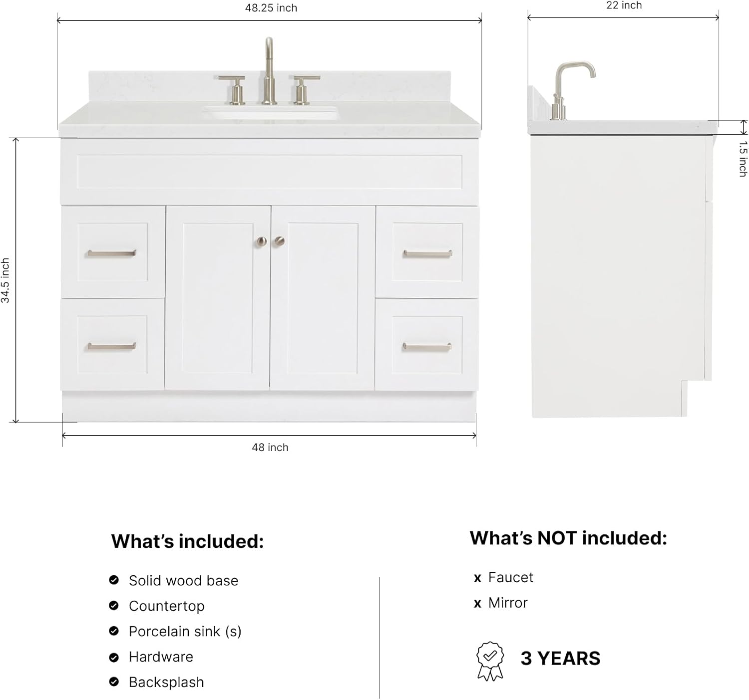 ARIEL Hamlet 48-inch Bathroom Vanity with Sink,Solid Wood, 1.5-inch Carrara White Quartz Countertop & Backsplash, Single Rectangular Porcelain Sink, 2 Soft Closing Doors, 4 Dovetail Drawers, White
