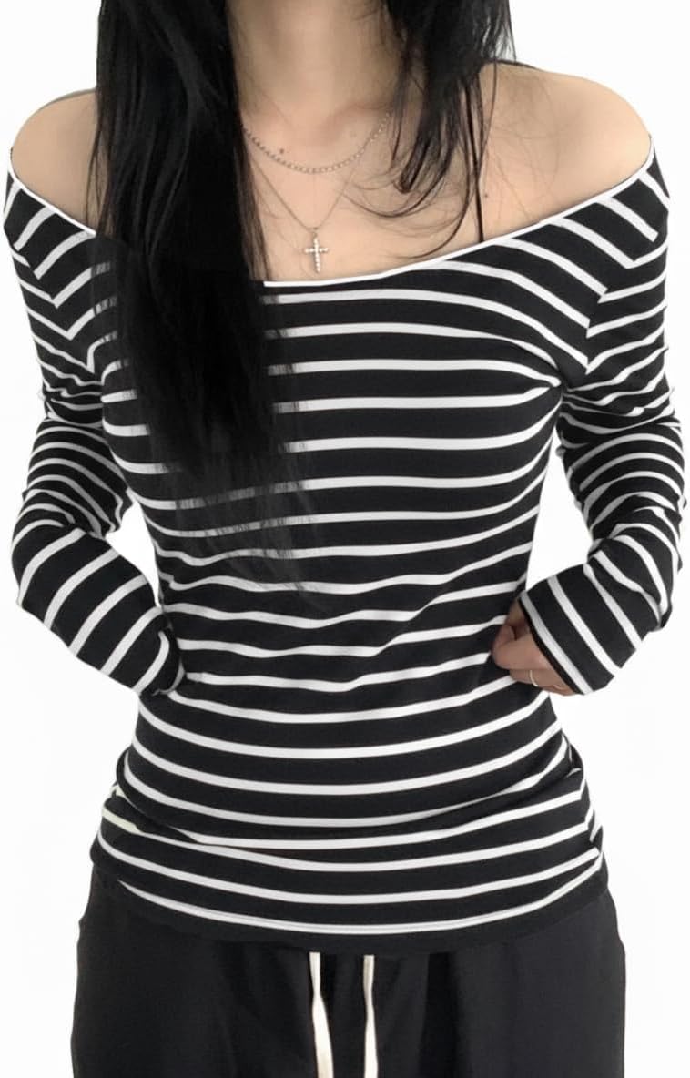 EMMIOL Off The Shoulder Tops for Women Striped Long Sleeve Shirts Going Out Top Y2k Fall Clothes