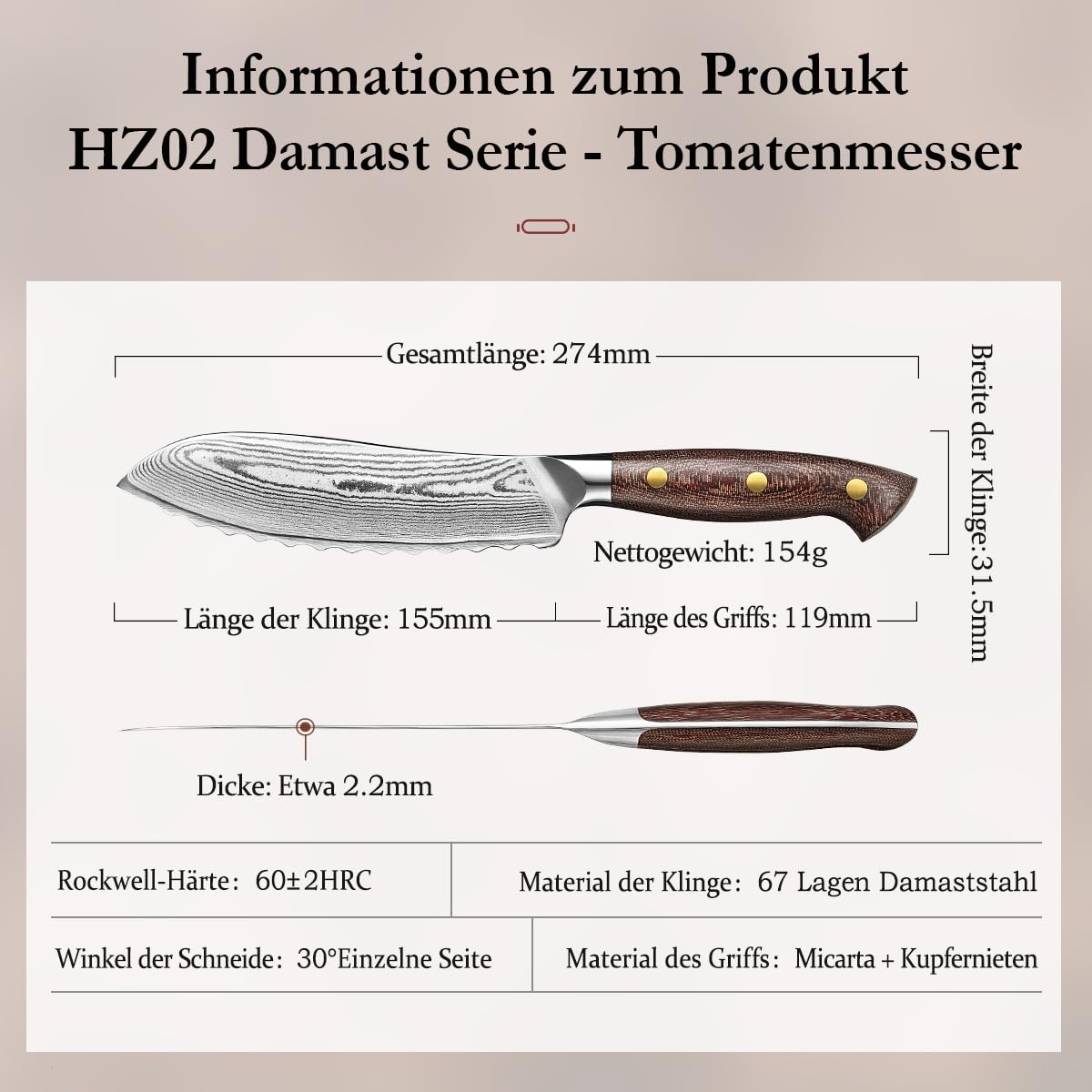 HEZHEN Profi Tomatenmesser Damast, Wellenschliff Hartstahl Auberginenmesser, Scharfe Klinge Brotzeitmesser, Frühstücksmesser Full Tang Micarta Griff