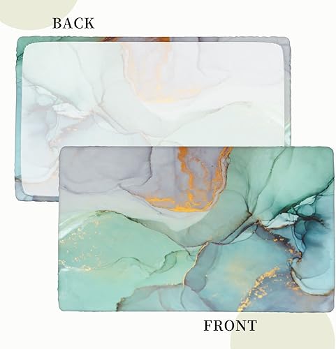 Miniatura 3 de Mantel rectangular con diseño abstracto de mármol verde azulado y remolinos dorados, borde elástico, impermeable, lavable, para decoración de mesa