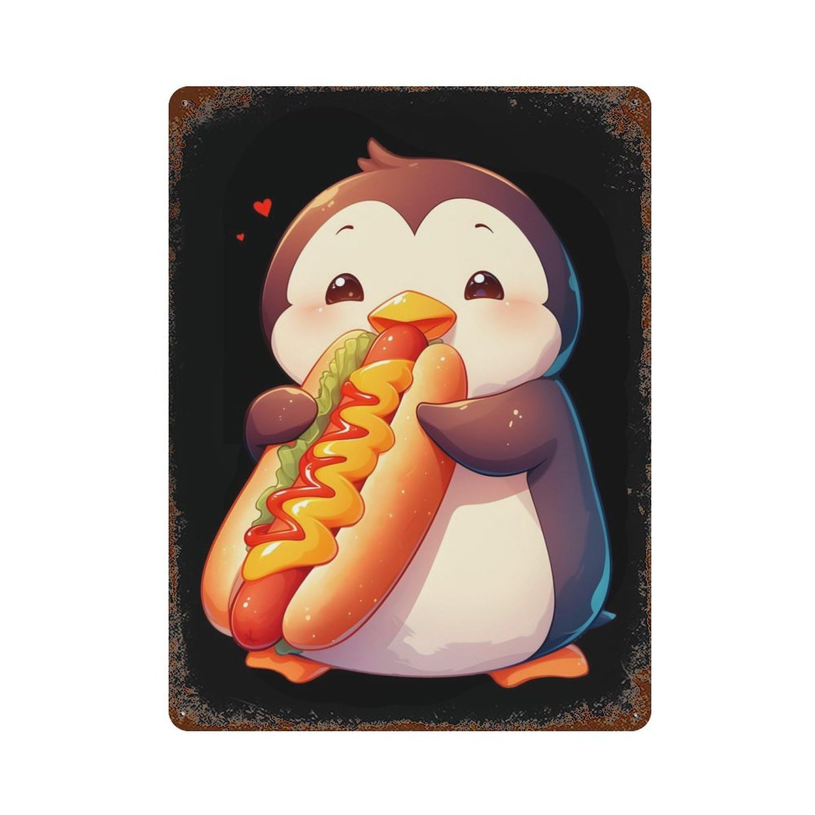 Penguin Loves Hot Dog Decorative Tin Sign 15.7"x11.8", Industrial Home Decor for Garage, Pub Or Kitchen