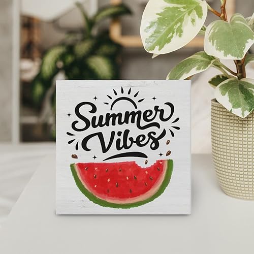 Miniatura 4 de YIDOU Summer Vibes - Cartel de madera para decoración de escritorio, acuarela, sandía, caja de madera, bloque, rústico, hogar, playa, casa,
