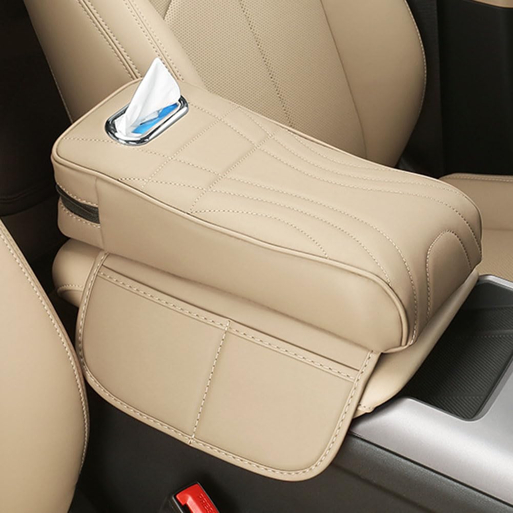 Mkwgzpgw Beige Car Armrest Cushion For Jaguar F-Pace 2016-2021, Leather Armrest Protector, Memory Foam Armrest Box, Center Console Cushion Pad With Tissue Box Hole,-Small