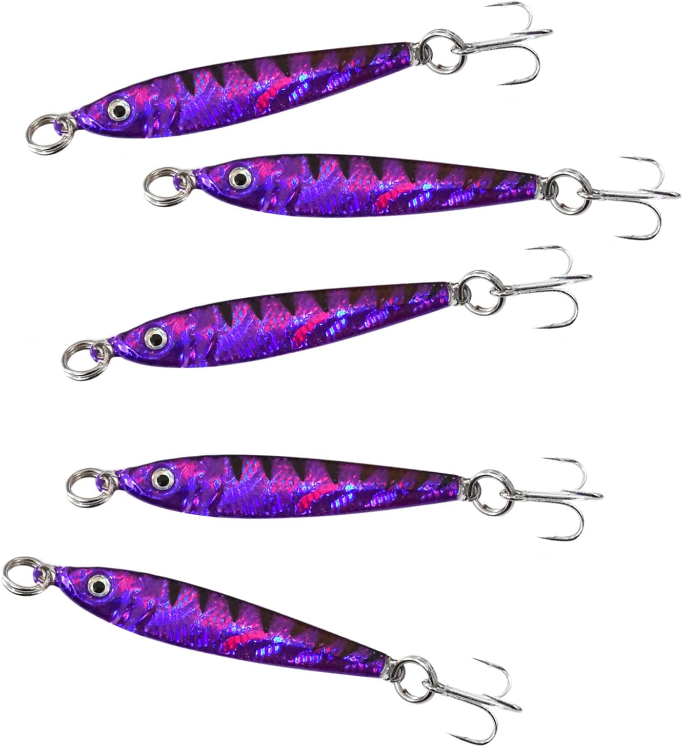 Qty 5 Purple Fish WOW! 1oz Fishing Metal Mega Live Bait Jig Quality Holographic Finish mega Realistic Luna Lures with a Super Sharp 3X Treble Hook