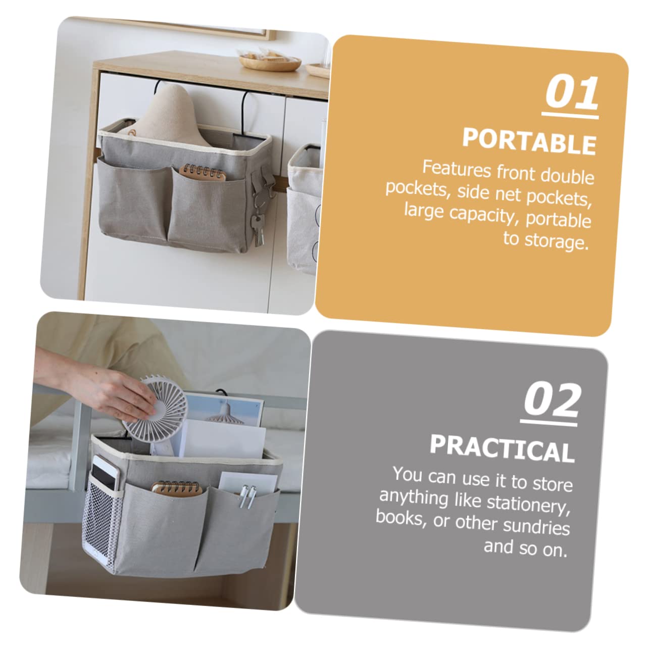 OUNONA Portable Bedside Hanging Storage Organizer Grey Bed Basket for Dormitory Easy Installation Bedside Organizer for Phones Magazines and Essentials Versatile Hanging Storage