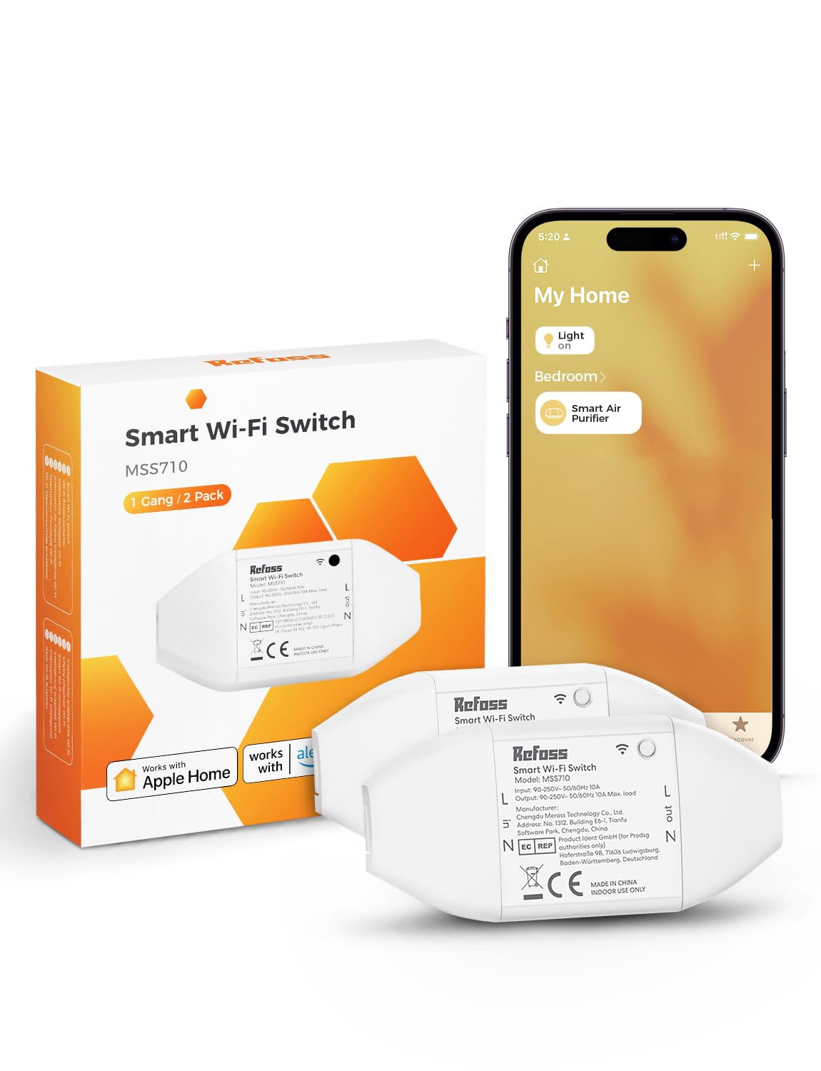 Interruptor Inteligente Funciona con HomeKit Siri, Alexa, Google Home, Refoss Smart Switch con Control de Voz y Temporizador, Interruptor Inteligente WiFi Universal con mando a distancia, 2 Piezas
