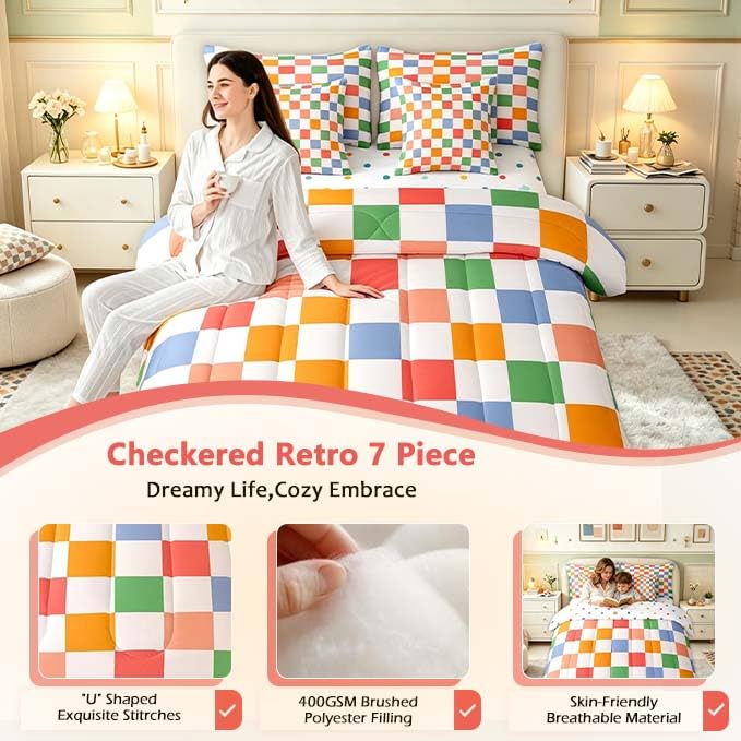 Image of Feelyou Checkered Retro 7 Piece Bedding Set Teen Women Men Rainbow Colorful Plaid Comforter Set with Sheets Twin Size Kids Boys Geometric Vintage Bed in a Bag Modern Groovy Aesthetic Room Decor