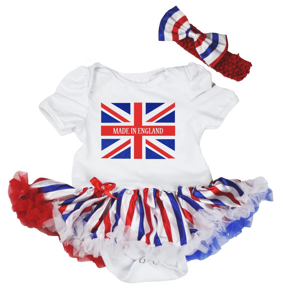 Petitebelle Union Jack of Made in England White Bodysuit Baby Dress Nb-18m (RWB Stripe, 6-12 Months)