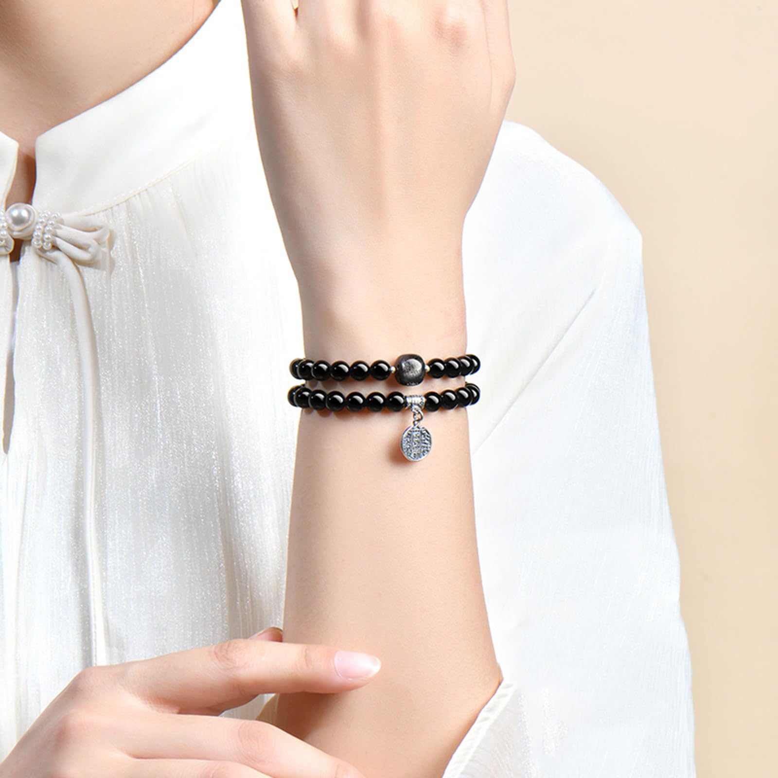 Bracciale con perline elasticizzate a doppio giro di ossidiana naturale | Amuleto di protezione spirituale e attrazione di ricchezza, braccialetto energetico Feng Shui per uomini e donne (6 mm)