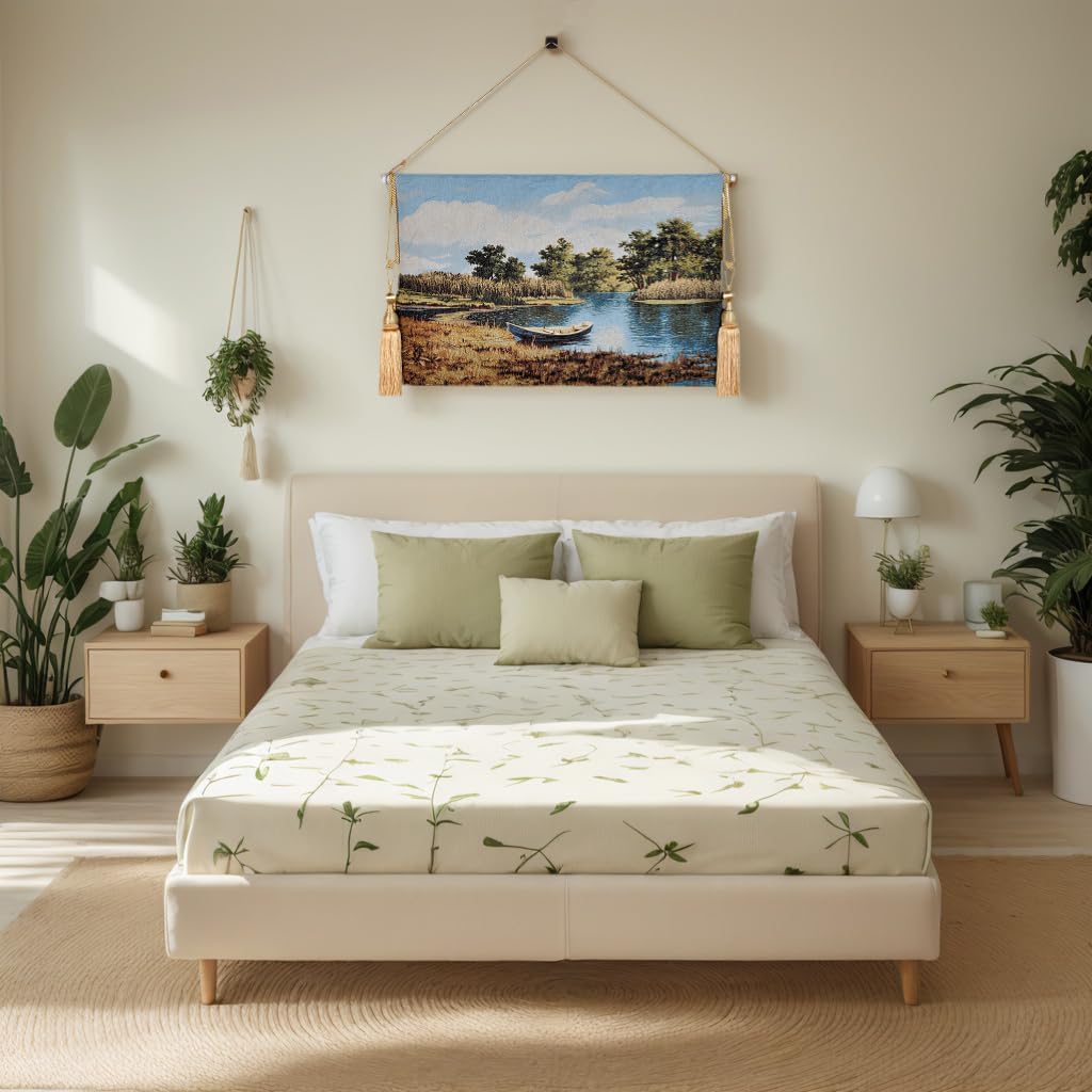 AureoMadis Vintage Nature Tapestry Wall Hanging Set with Telescopic Rod & Tassels - Jacquard Woven Fabric Aesthetic Country Landscape Wall Tapestry for Bedroom/Living Room Decor Green Art (42"x27")