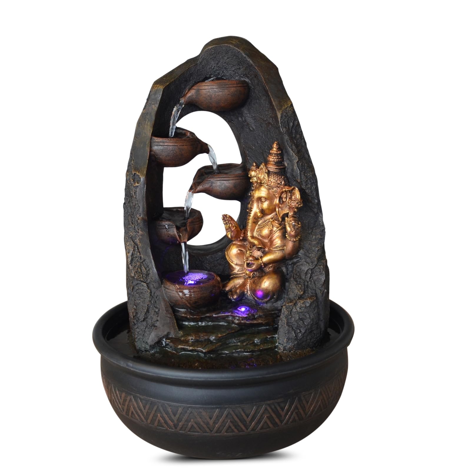 Buddha Ganesh Innenbrunnen mit farbenfrohen LED -Licht - Feng Shui Zen Dekoration - Bed -Träger - H 40 cm - Mystic Zen'light