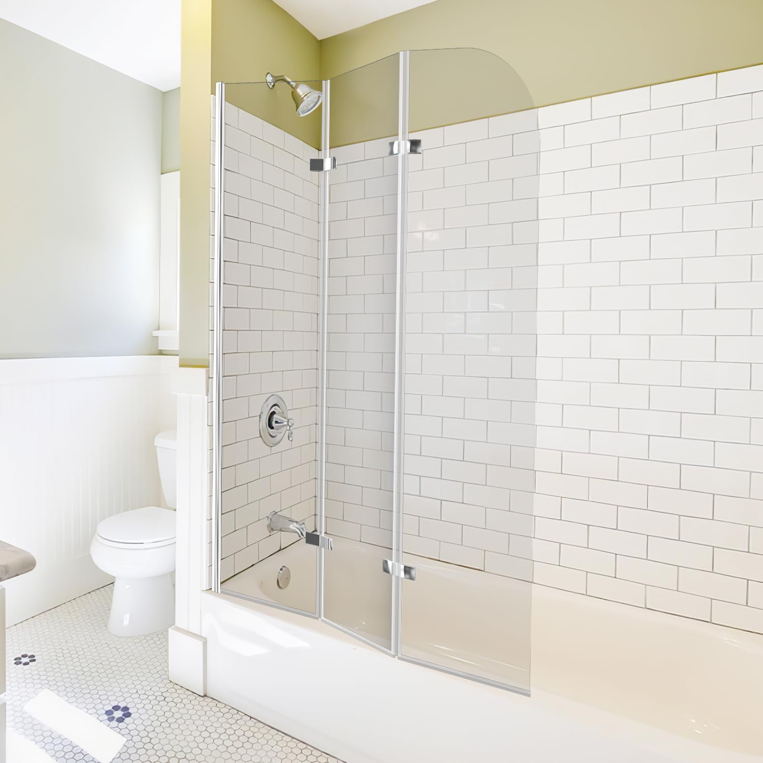 Vasca da bagno 120 x 140 cm, 3 pezzi, pieghevole, per vasca da bagno in vetro di sicurezza ESG da 6 mm, rivestimento nano, girevole a 180°, paraspruzzi, colore: argento