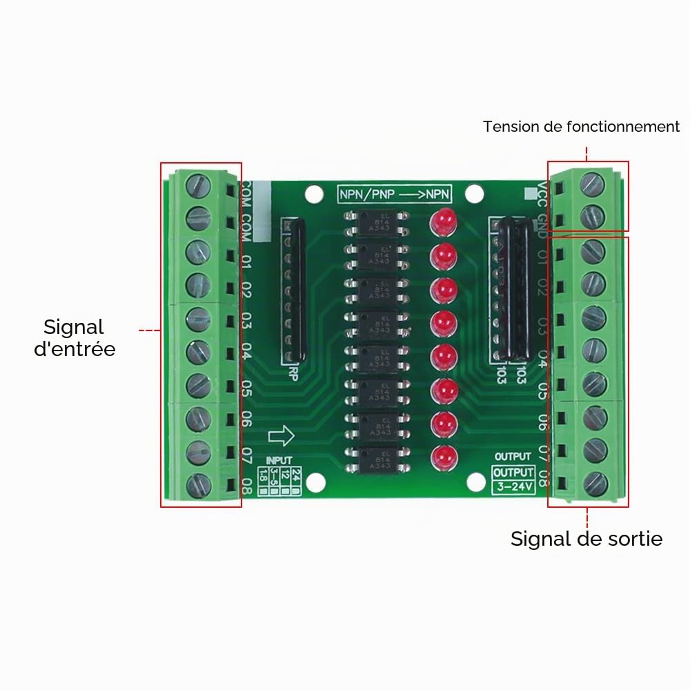 MEROURII Module d'Isolation Optocoupleur,8 Canaux DC 12V-24V Carte d'Isolement Optocoupleur NPN/PNP Convertisseur de Signal de Sortie