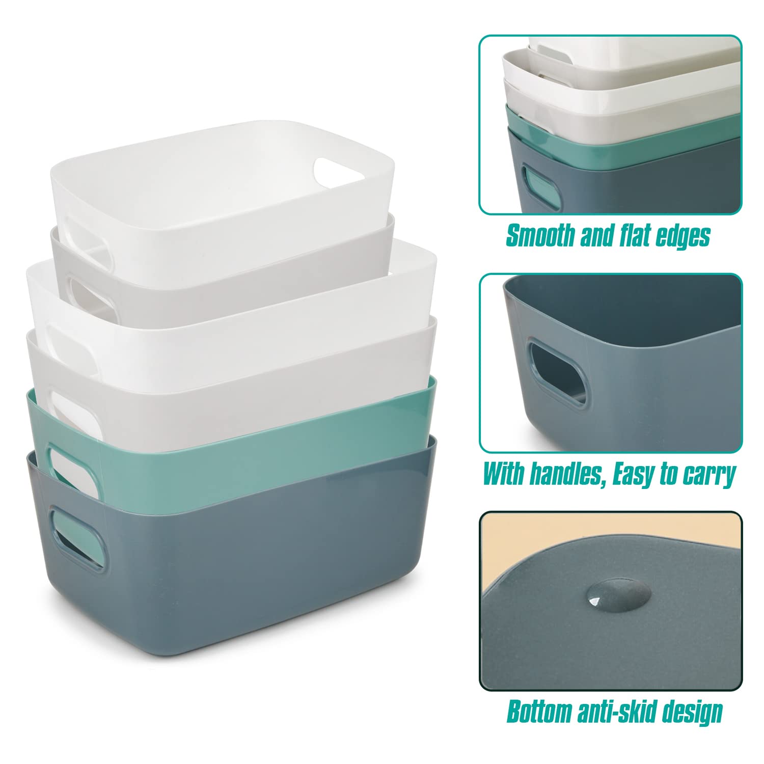 Spesh 6 cestini portaoggetti in plastica per armadietti, per cucina, bagno e mensole (blu, verde, bianco, grigio)