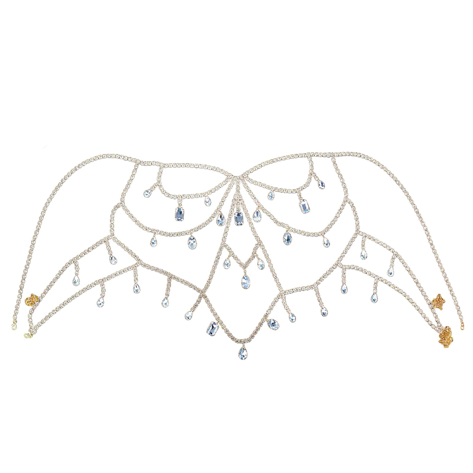 Goldene BH-Körperkette für Damen, auffällige mehrlagige Strass-Körperkette mit Tropfen-, runden und rechteckigen Anhängern, Glanz für Club, Party, Strand und Bademode