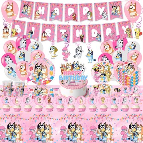 Decoración Cumpleaños, 101 Piezas Dog Cumpleaños Vajilla de Fiestas, Rosa Decoración de Fiesta Incluye Pancarta, Decoración para Tartas, Globos, Platos, Servilletas,Vaso de Papel, Manteles