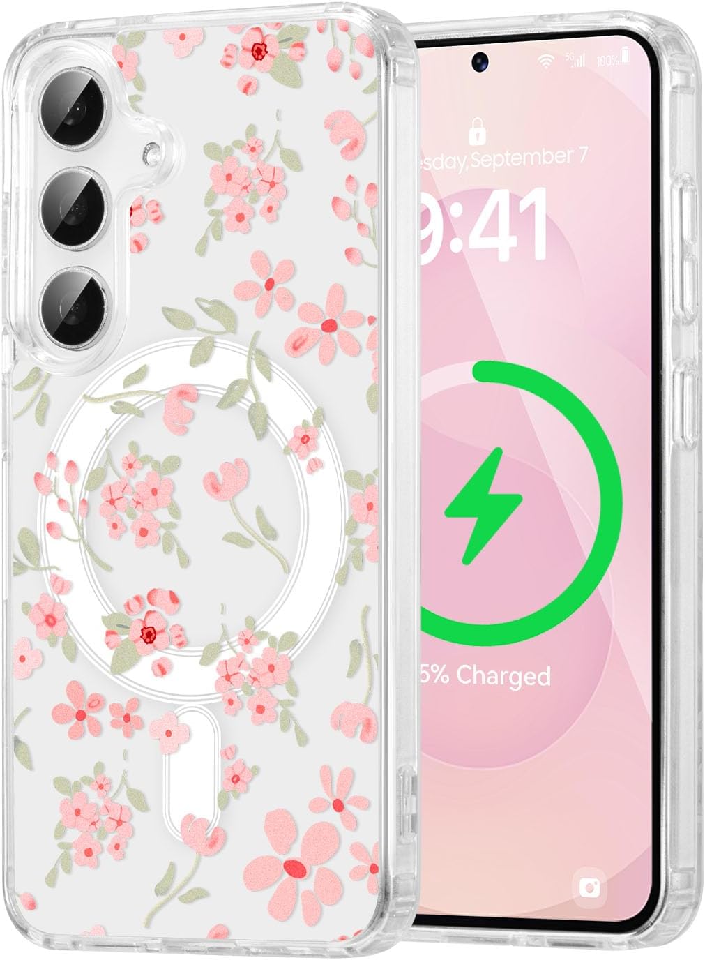 QLTYPRI for Samsung Galaxy S25 Case, Compatible with Magsafe, Aesthetic Cute Floral Flower Phone Case, Clear Anti -Yellowing Shockproof Magnetic Phone Cover for Women Girls - Pink