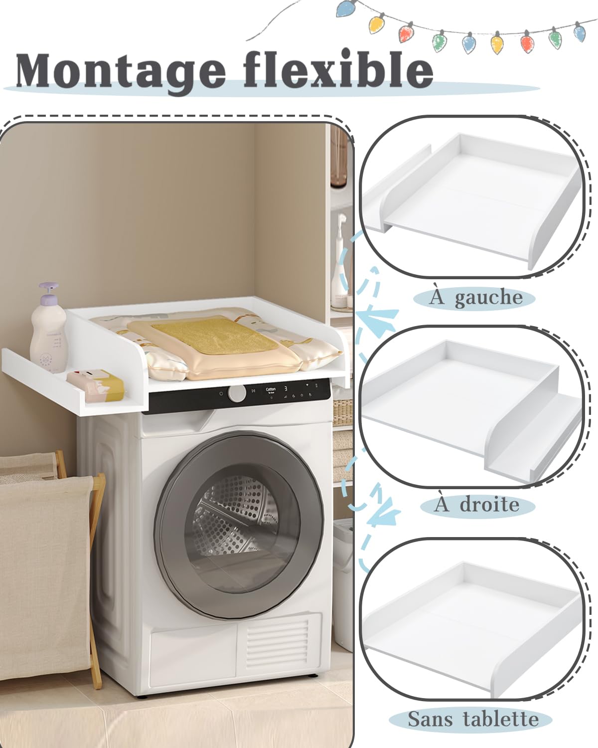 WOLTU Plan à langer pour machine à laver ou sèche-linge, table à langer bébé avec rebord de protection et étagère de rangement, 80 x 70 x 16,5 cm, blanc