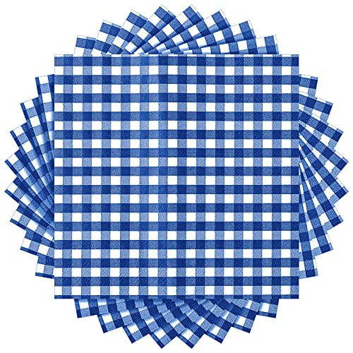 100 Feuilles Serviettes en Papier Vichy Jetables à Carreaux 12,9 x 12,9 Pouces pour Dîner en Famille, Pique-Nique, Barbecue, Anniversaire (Bleu et Blanc)(185)